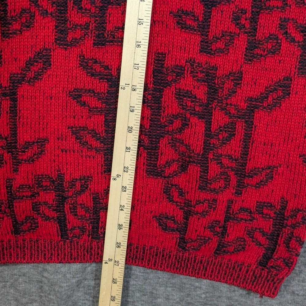 Vintage Kamd Red Black Graphic Leaf Knit Sweater Made in USA Size Small - Picture 3 of 8